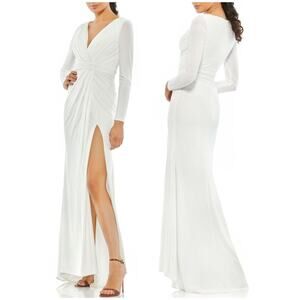 Mac Duggal NWT V-Neck Long Sleeve High Slit Jersey Gown White Size 4 *Dust Marks